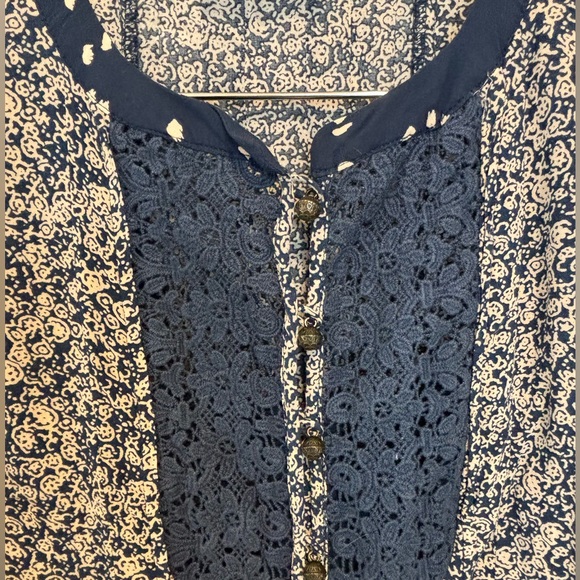 Anthropology Maeve Blue Hiver 3/4th Bell Sleeve Button Lace Front Blouse 2 - Picture 5 of 10